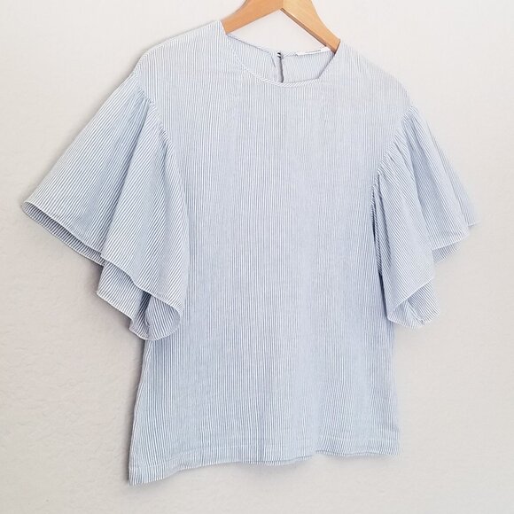 Pomandere Flutter Sleeve Top Blue Stripe 2 Cotton Hemp Blend Airy Lightweight - Picture 6 of 16